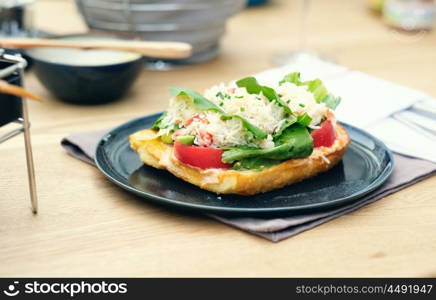 Crab bruschetta in outdoor restaurant