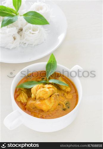 Crab meat coconut milk curry with rice noodle, Thai spicy soup cuisine