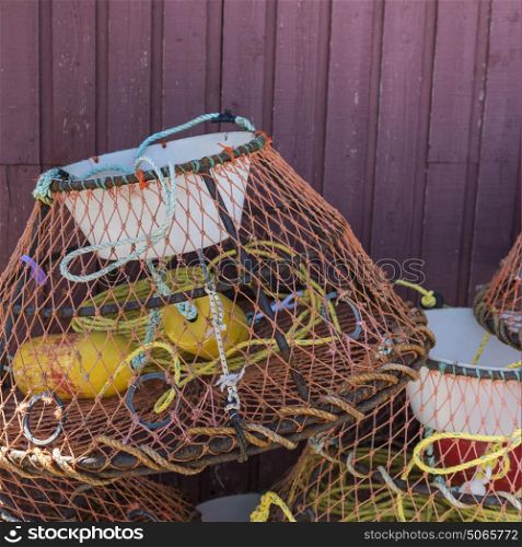 Crab pots stacked at harbor, Victoria, Prince Edward Island, Canada