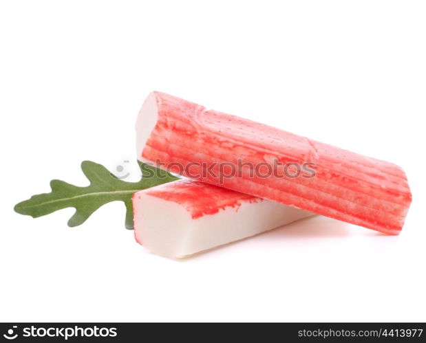 Crab sticks group and rucola leaf isolated on white background