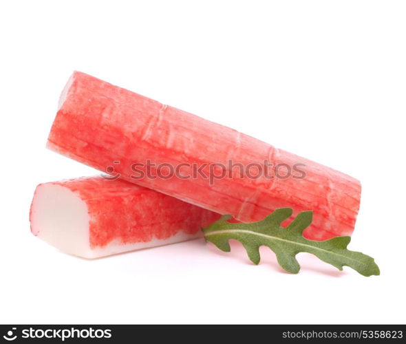 Crab sticks group and rucola leaf isolated on white background