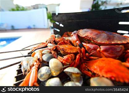 crabs shrimps on charcoal grill
