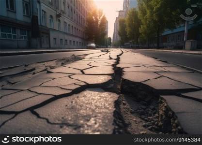 Crack in the ground. Earthquake damage destruction. Generate Ai. Crack in the ground