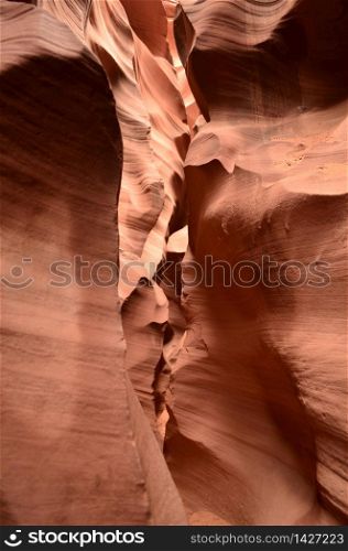 Crack in the red rock walls of Antelope Canyon.
