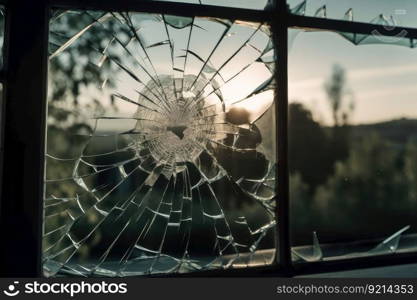crack on glass window with view of peaceful scene, created with generative ai. crack on glass window with view of peaceful scene