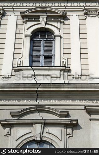 Crack on the facade of church in Subotica, Serbia