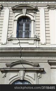 Crack on the facade of church in Subotica, Serbia