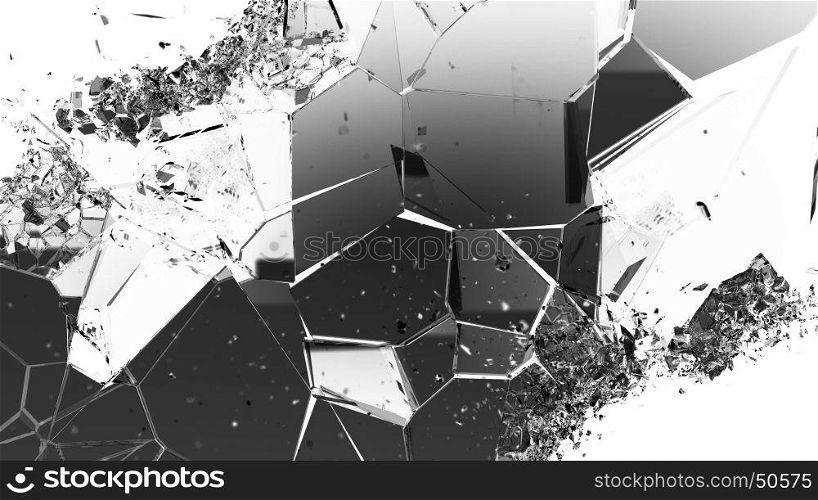 Cracked and damaged glass pieces on white. Large resolution