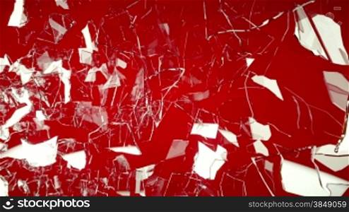 Cracked and Shattered glass on red with slow motion
