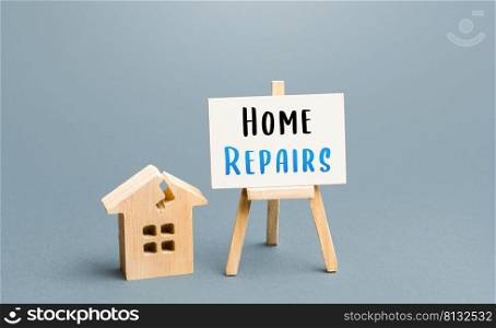Cracked house and home repair sign. Restoration of the structure and elimination of damage. Renovation of old building. Property insurance. Reconstruction, repair of the facade.