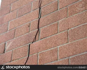 Cracked wall detail. Crack in a brick wall caused by excessive settling due to bad foundations or too much load or earthquake