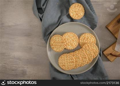 Crackers on a kitchen counter.