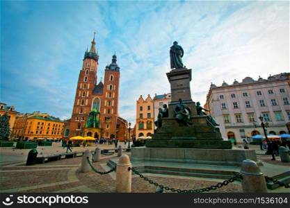 Cracow, Poland. Main Square and St. Mary?s Basilica.