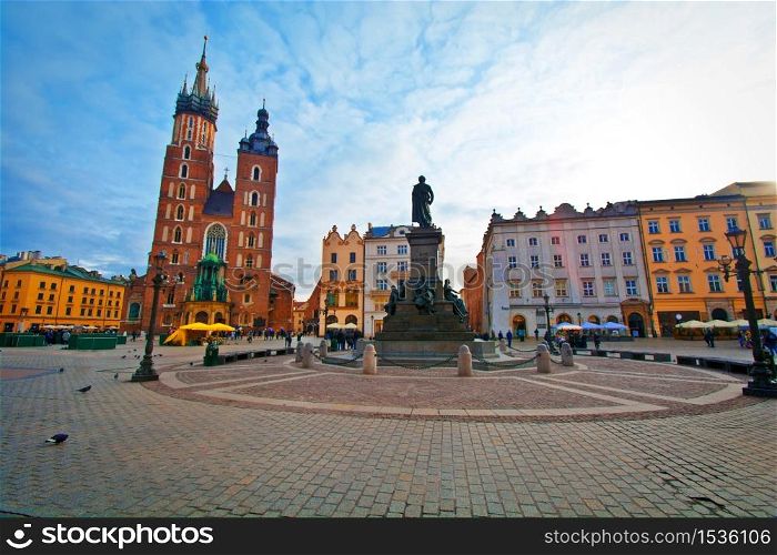 Cracow, Poland. Main Square and St. Mary?s Basilica.