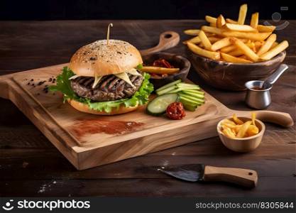 Craft beef burger and french fries on wooden table isolated on black background. Neural network AI generated art. Craft beef burger and french fries on wooden table isolated on black background. Neural network AI generated