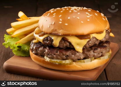 Craft beef burger and french fries on wooden table isolated on black background. Neural network AI generated art. Craft beef burger and french fries on wooden table isolated on black background. Neural network AI generated