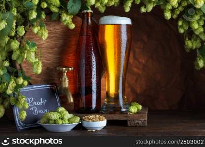 Craft bottled and unbottled beer with barrel, barley and fresh hops for brewing still-life