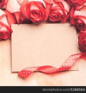Craft card with red roses and ribbon for greetings