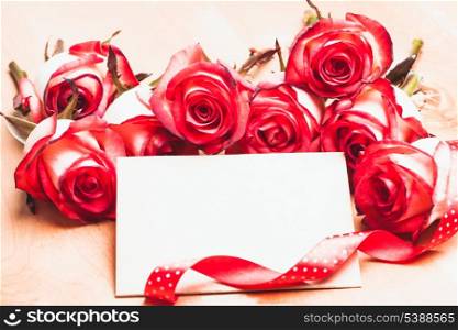 Craft card with red roses and ribbon for greetings