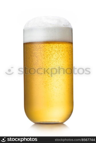 Craft lager beer glass with foam and bubbles on white.