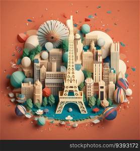 Crafted Joy of Freedom 3D Paper Cut Artwork for Bastille Day. For print, web design, UI, poster and other.