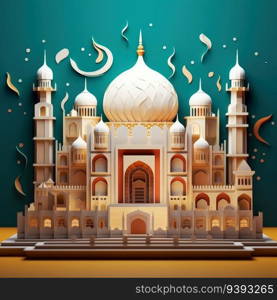 Crafted Sacred Space 3D Paper Cut Artwork Depicting an Islamic Mosque. Ramadan Kareem 3d abstract paper cut illustration. For print, web design, UI, poster and other.