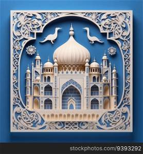 Crafted Serenity 3D Paper Cut Craft Style Illustration of Islamic Mosque. Ramadan Kareem 3d abstract paper cut illustration. For print, web design, UI, poster and other.