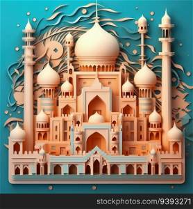 Crafting Tranquility Minimalistic 3D Paper Cut Artwork of an Islamic Mosque. Ramadan Kareem 3d abstract paper cut illustration. For print, web design, UI, poster and other.