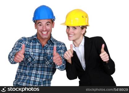 craftsman and businesswoman thumbs up