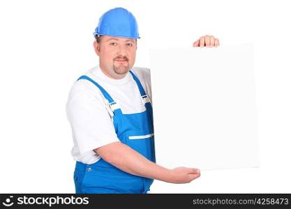 craftsman holding an ad board