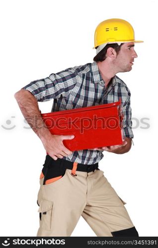 craftsman running and holding a toolbox