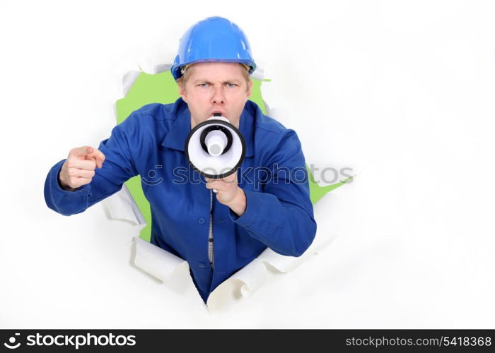 craftsman shouting through a megaphone