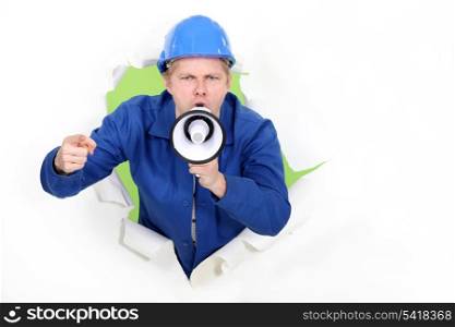 craftsman shouting through a megaphone