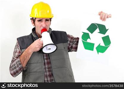 craftsman talking in loudspeaker showing recycling logo
