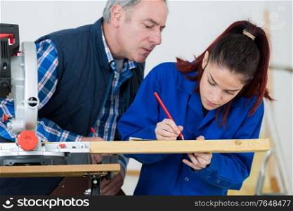 craftsmen supervising female apprentice working carpentry shop