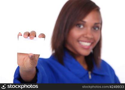 craftswoman holding business card