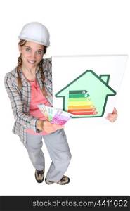 craftswoman holding energy consumption label