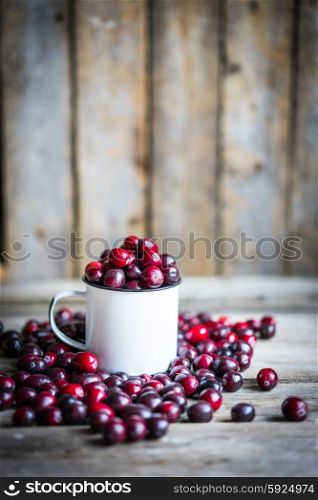 Cranberries on a mug on rustic wooden background