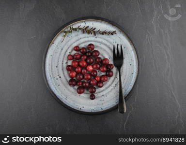 Cranberries with plate on shale