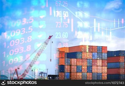 Crane and container shipping export import business logistics in harbor industry / World economy crisis stock market exchange loss trading graph business crash red price chart fall money decrease