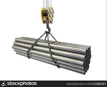 Crane hook and pipes on white isolated background. 3d