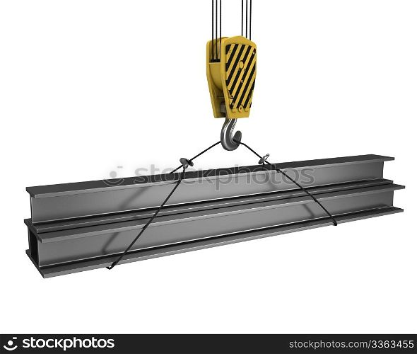 Crane hook lifts up few H girders isolated on white background