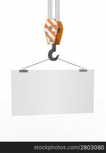 Crane hook with empty board on white isolated background. 3d