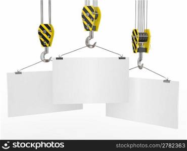 Crane hooks with empty boards on white background. 3d