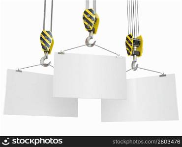 Crane hooks with empty boards on white background. 3d