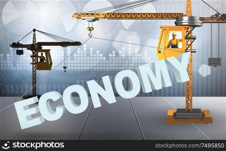 Crane lifting the word economy up. Crane lifting word economy up