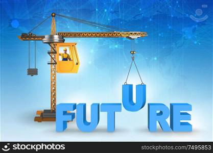 Crane lifting word future up. Crane lifting the word future up