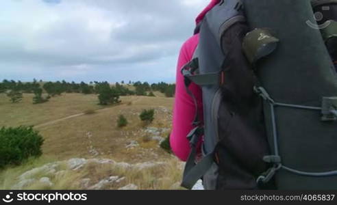 Crane shot of woman hiker enjoy view at plateau mountain peak, rear view