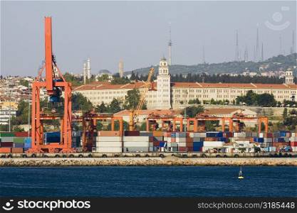 Cranes at a commercial dock, Athens, Greece