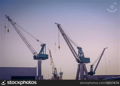 Cranes at a shipping harbor in the morning